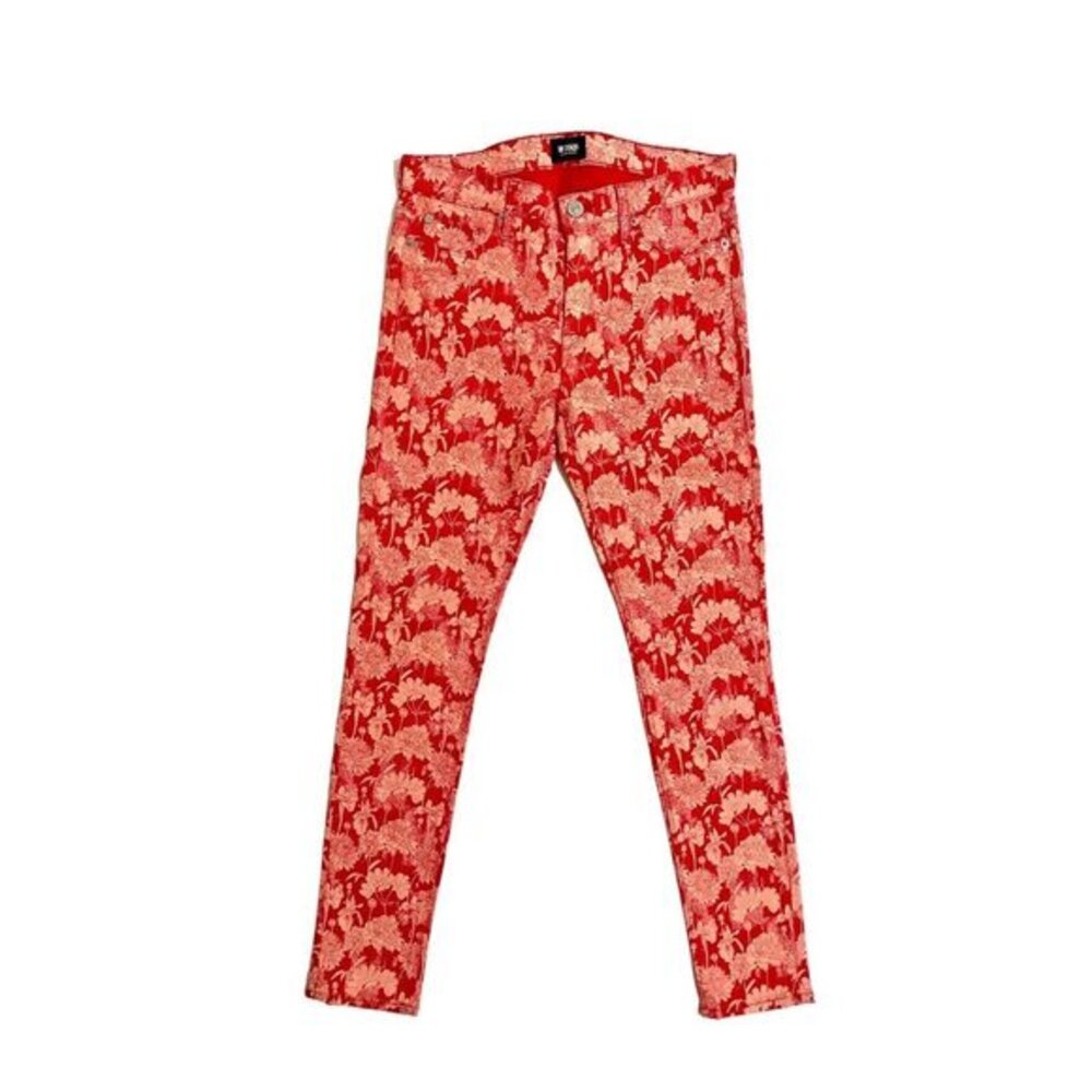 Hudson Jeans Red Orange Floral Print Nico Mid Rise Skinny Ankle Length SZ 28 New